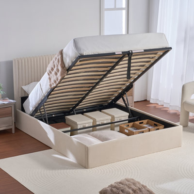 Full Size Hydraulic Lift Up Upholstered Storage Bed,Beige