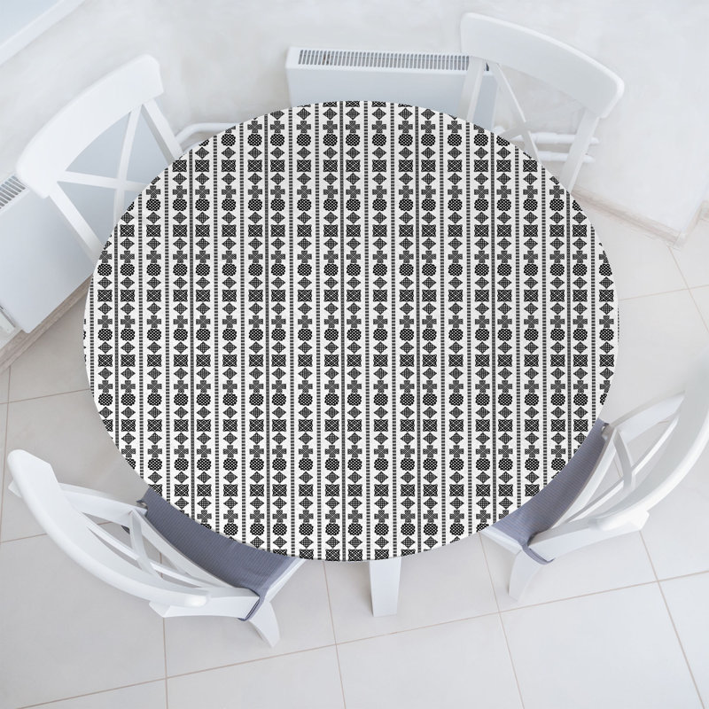 Ebern Designs Ethnic Fitted Round Tablecloth Charcoal Grey White, 64.17" Round