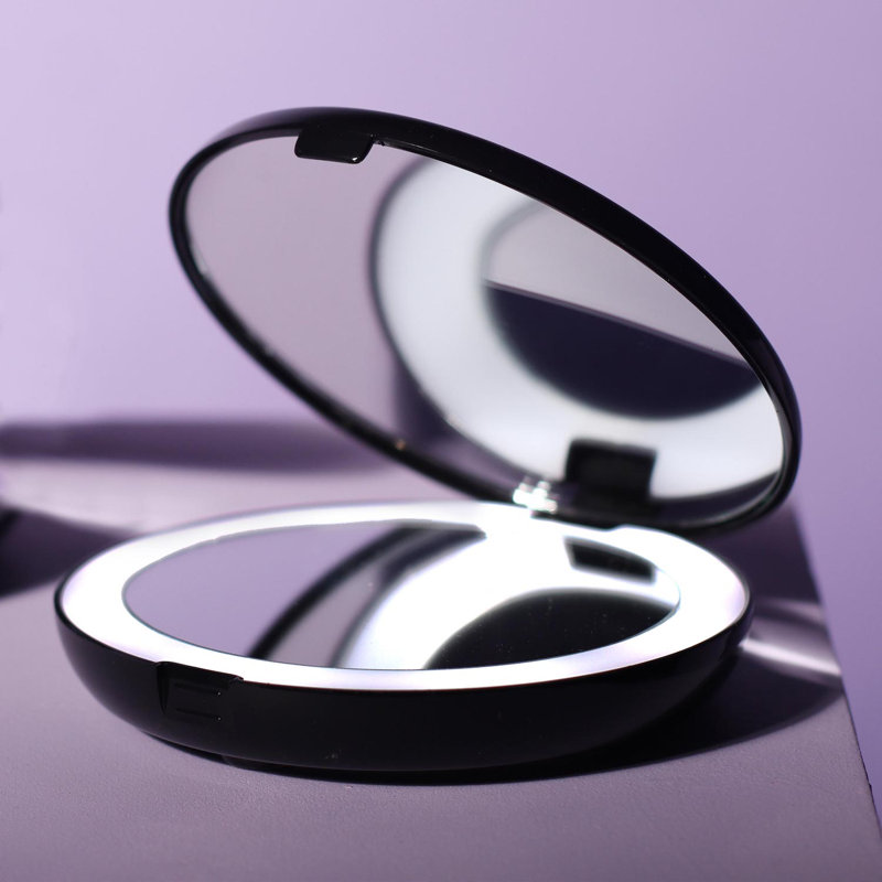 Modern Lighted Magnifying Compact Mirror, 5" x 5", Black