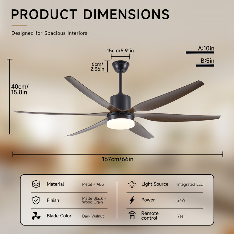 Ventilateur de plafond de 66 pouces à 6 pales imitation bois avec éclairage DEL intégré, moteur silencieux réversible, 6 vitesses et 3 températures de couleur, télécommande, noir mat, idéal pour les grandes pièces.