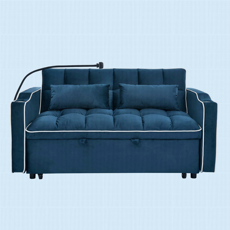 55,51 po. Canapé-lit pliable polyvalent, canapé-lit moderne en velours, dossier réglable et port USB, Bleu