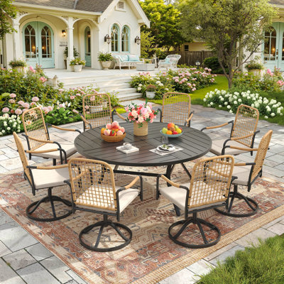 8-person Round Outdoor Patio Dining Set With Swivel Rattan Armchair