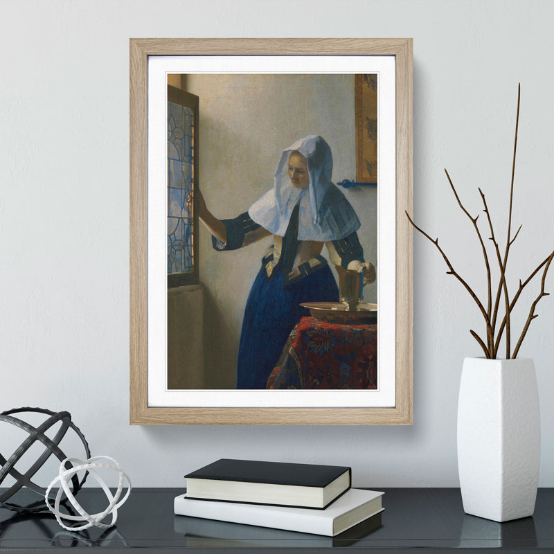 Young Woman with a Water Pitcher by Johannes Vermeer - Picture Frame Painting, 65cm H x 48cm W x 2cm D, Oak