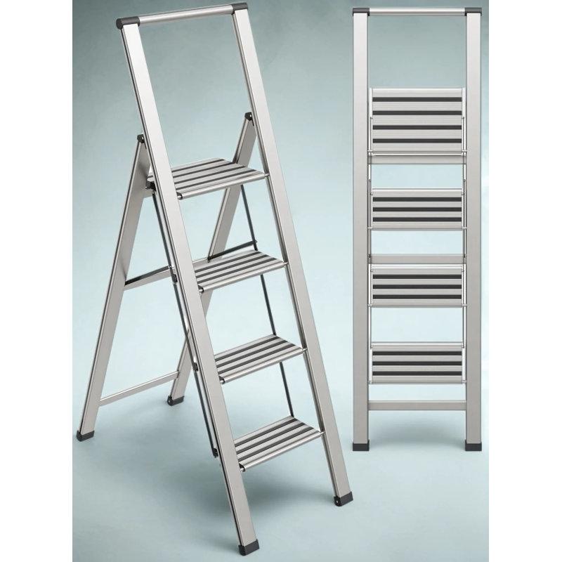 Escabeau pliant ultramince à 4 marches, aluminium robuste avec marches antidérapantes et grande plateforme pour la maison, le bureau, la cuisine et la photographie