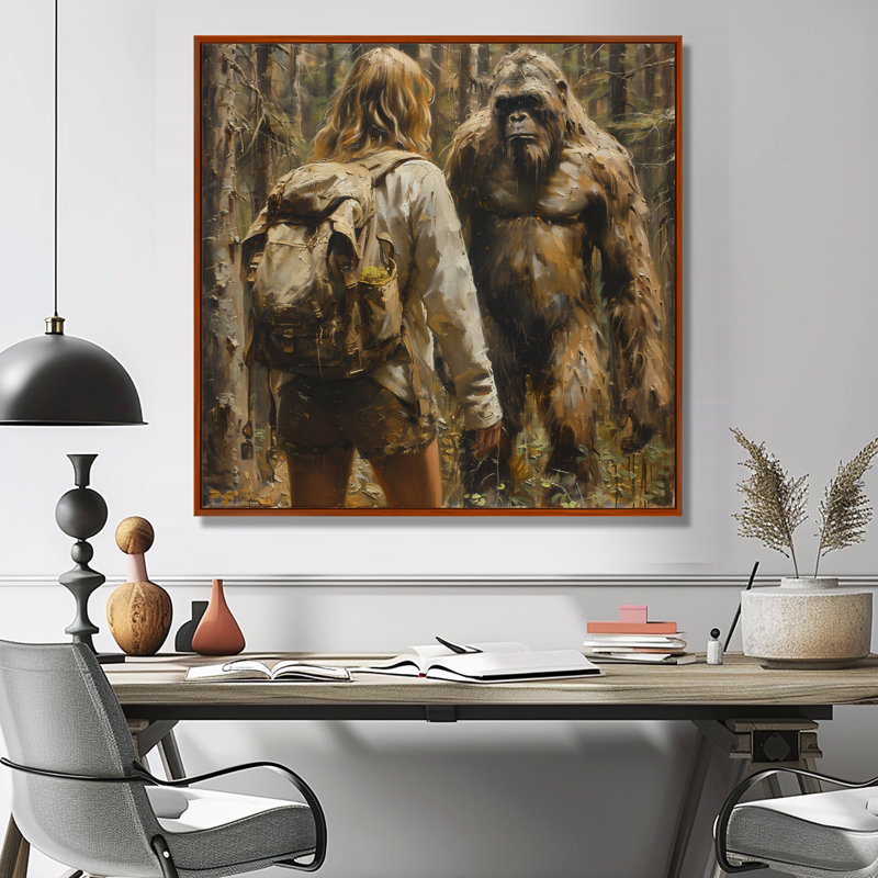 Impression d'art mural brun et mystérieux Bigfoot Encounter I - Bigfoot, Toile avec cadre flottant brun