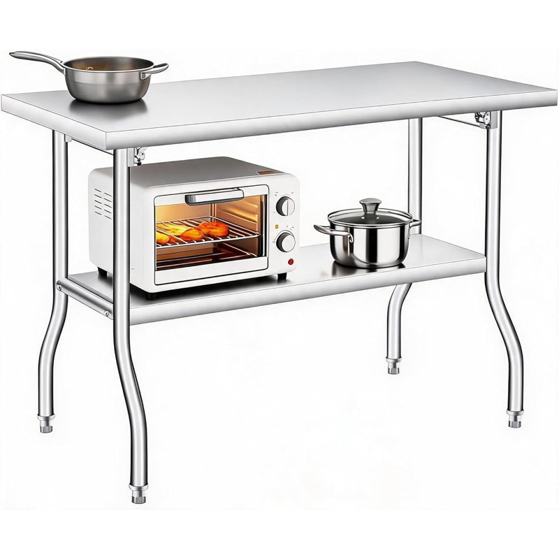 Table de préparation pliante en acier inoxydable avec tablette inférieure et 4 crochets | Table de travail robuste sans assemblage pour la cuisine, le restaurant et le camping