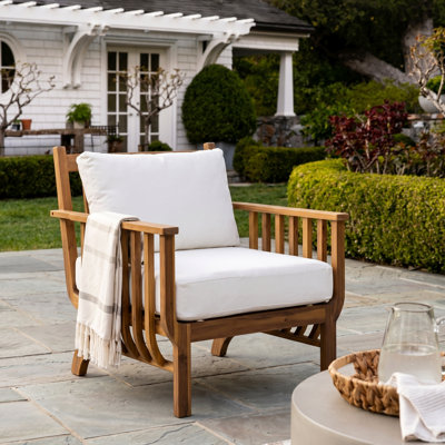 Brynne Mid-Century Modern Acacia Wood Outdoor Club Chair with Cushion, Weather-Resistant for Poolside, Deck, Backyard