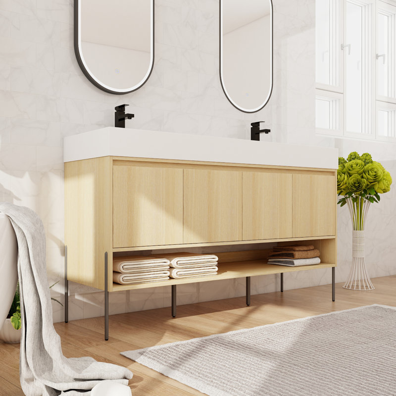 Ensemble de meuble-lavabo double 60 po, meuble-lavabo sur pied avec lavabo en résine, 4 portes et 1 tablette, 60" W