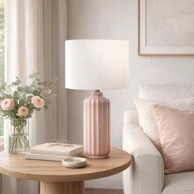 Limy Table Lamp, 23 Inch, Ivory Drum Shade, Ribbed Pink Ceramic Base