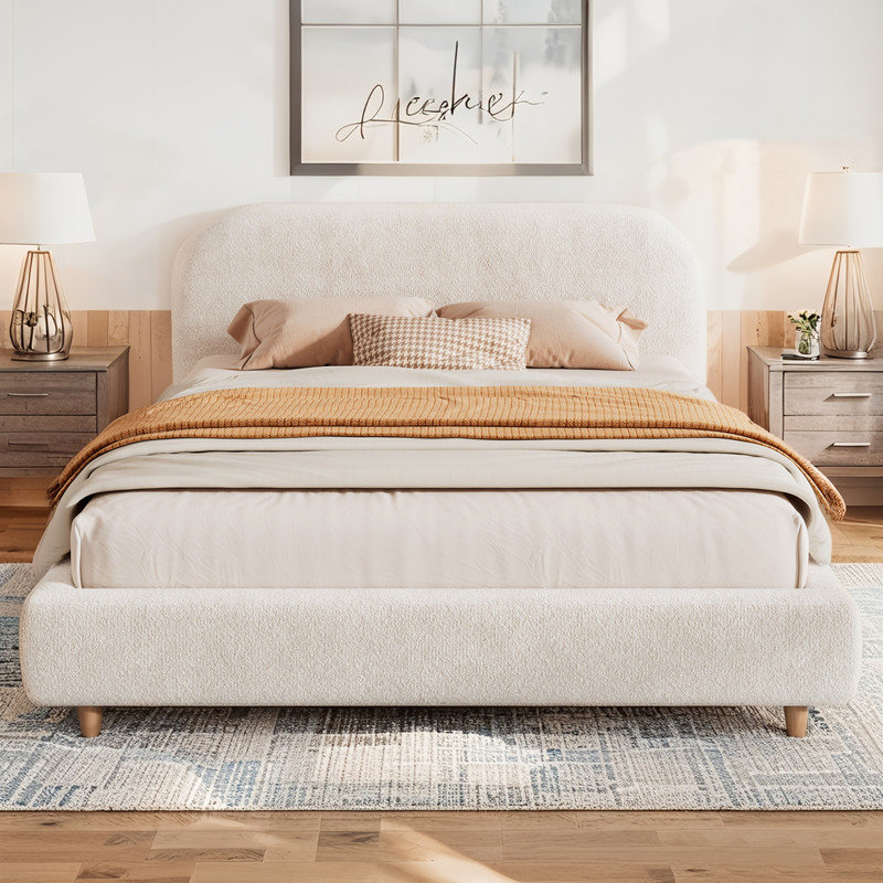 Boucle Fabric Upholstered Platform Bed with Curve-Shaped Design Headboard, King