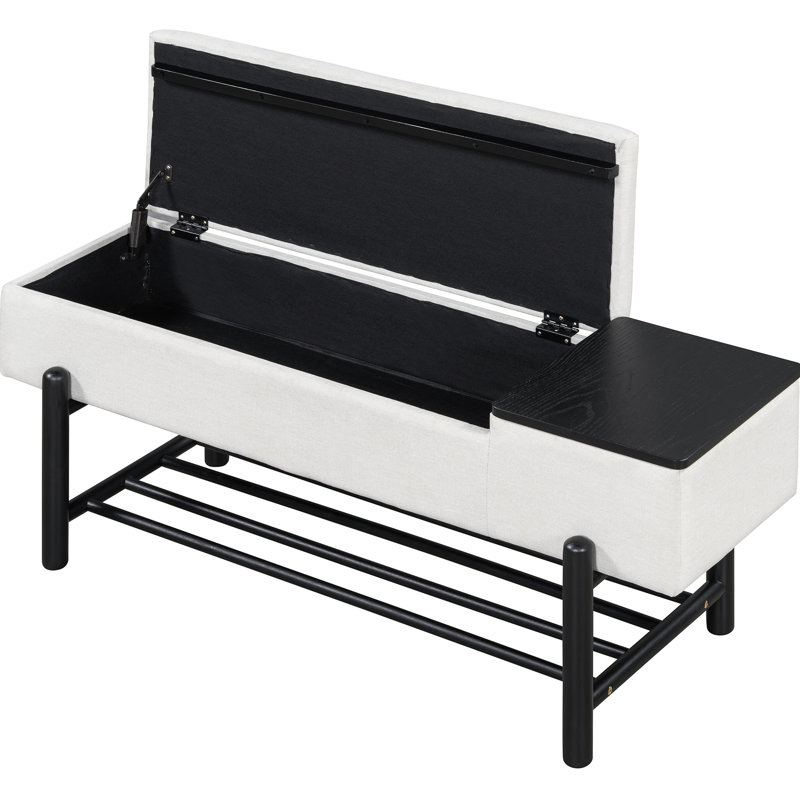 Contemporary Upholstered Storage Bench, Black Finish, Beige Upholstery, Rubber Wood Legs, Arc - Shaped Sanded Organized
