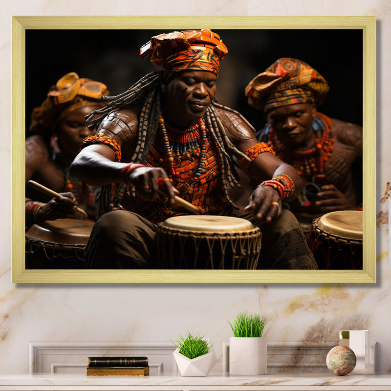 Tambour africain rythmique II - art mural africain, Cadre doré simple, H 24 po x l 32 po x P 1 po