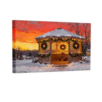 «Christmas Snowy Gazebo Christmas Wreaths Sunset Lights», ensemble de 3 impressions d'art sur toile