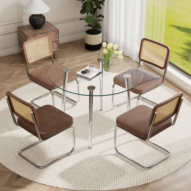 5-Piece Round Glass Top Dining Set, 30" H x 36" W x 36" D, Coffee, 5