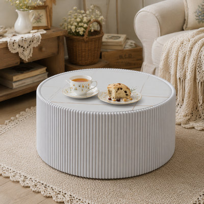 Table basse à rayures élégantes et minimalistes Bloxson, table basse ronde moderne, table basse à tambour rond pour salon, chambre à coucher