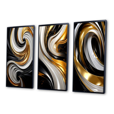 Liquide or noir et blanc tourbillonnant dimension III - spirales abstraites ensemble d'art de 3 pièces