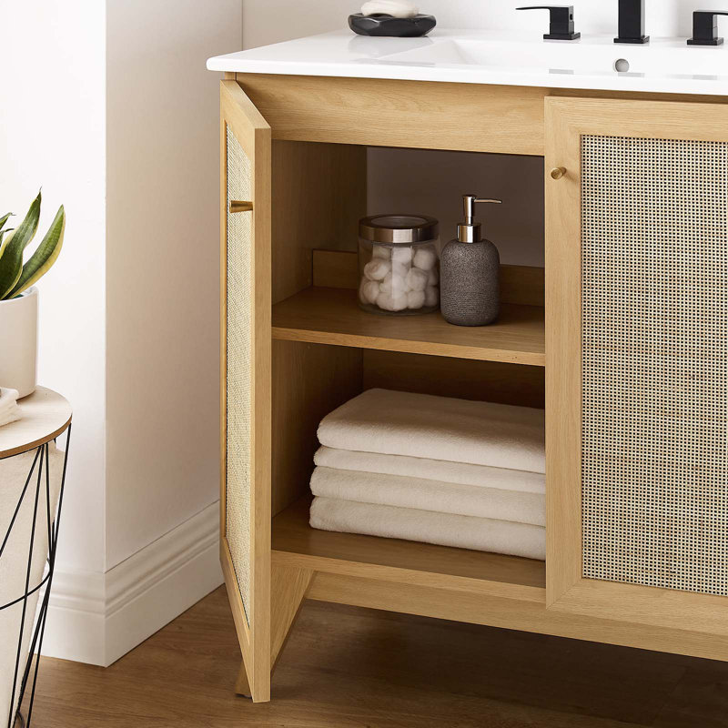 Soma 36'' Oak and White Freestanding Bathroom Vanity with Rattan Doors