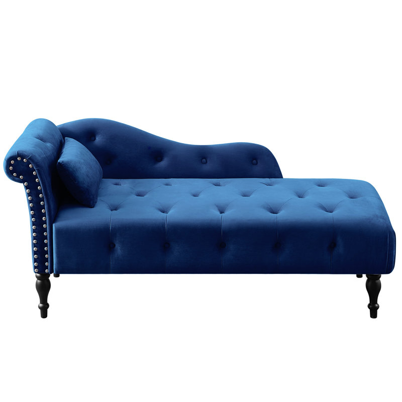 Blue Velvet Chaise With Buttons, Nailhead Trim, Solid Wood - Transform Your Living Area , Buttons , Legs, Enjoy A Cozy Seating