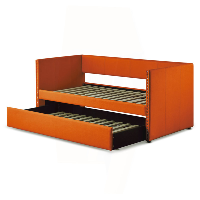 Orange Fabric Upholstered 1Pc Day Bed With Pull-Out Trundle Nailhead Trim Wood Frame Furniture, Orange