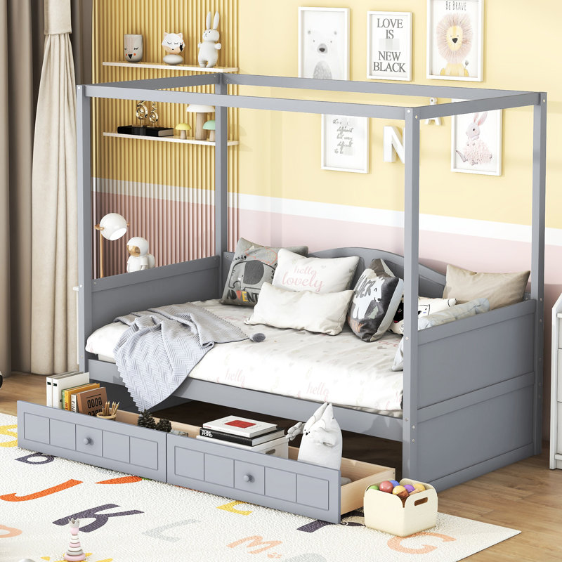 Lit simple à baldaquin gris, 2 tiroirs pour l'organisation, design moderne, pin massif, espace de rangement confortable et privé, construction, sommeil