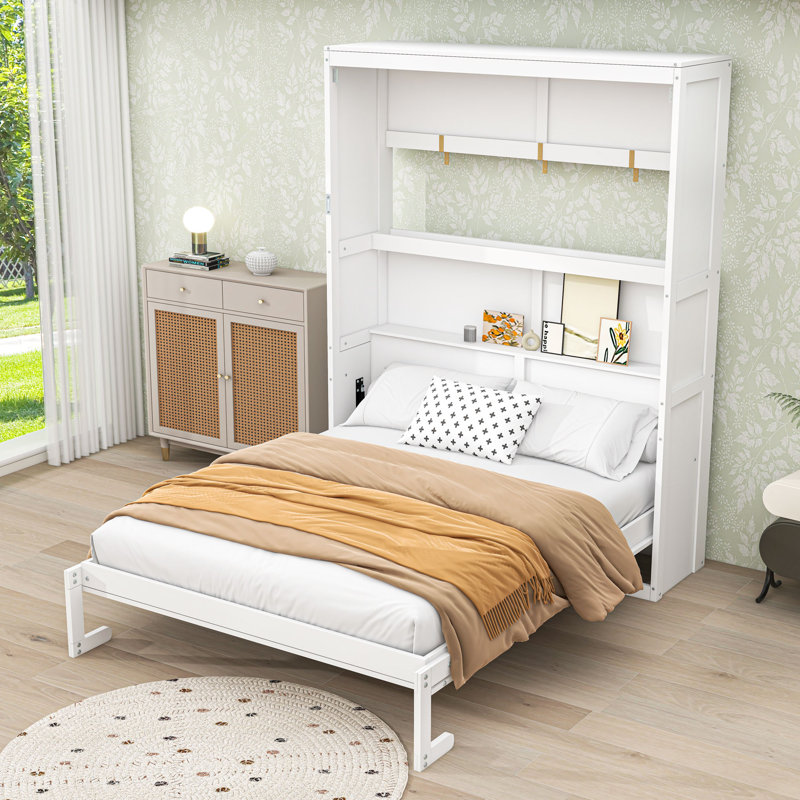 Murphy Bed Wall Bed With Shelves, White, Queen