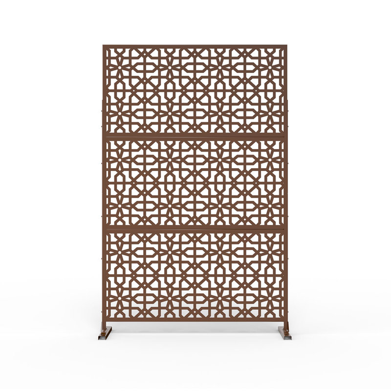 6 ft. H x 4 ft. W Metal Privacy Screen Fence Panel Flower Pattern, Brown