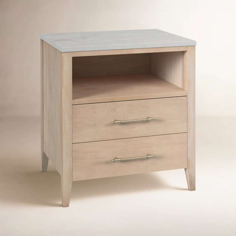 Mayfair 2 Drawer Wood and Marble Nightstand, Natural/Ivory
