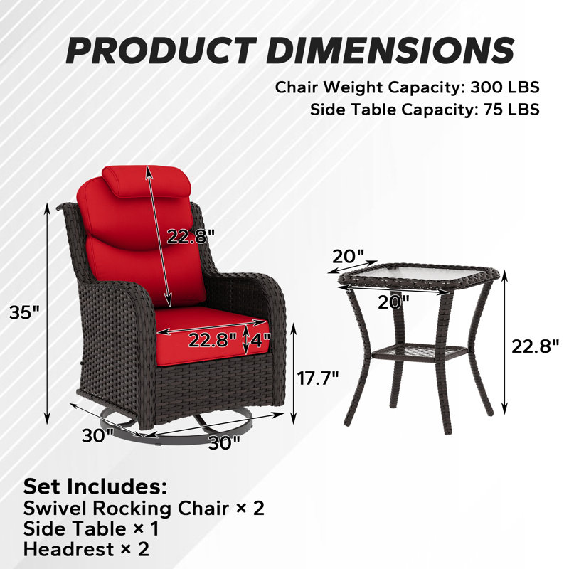 3-Piece Outdoor Patio Conversation Set with Swivel Rocking Chairs & Side Table – Wicker Lounge Furniture, Red