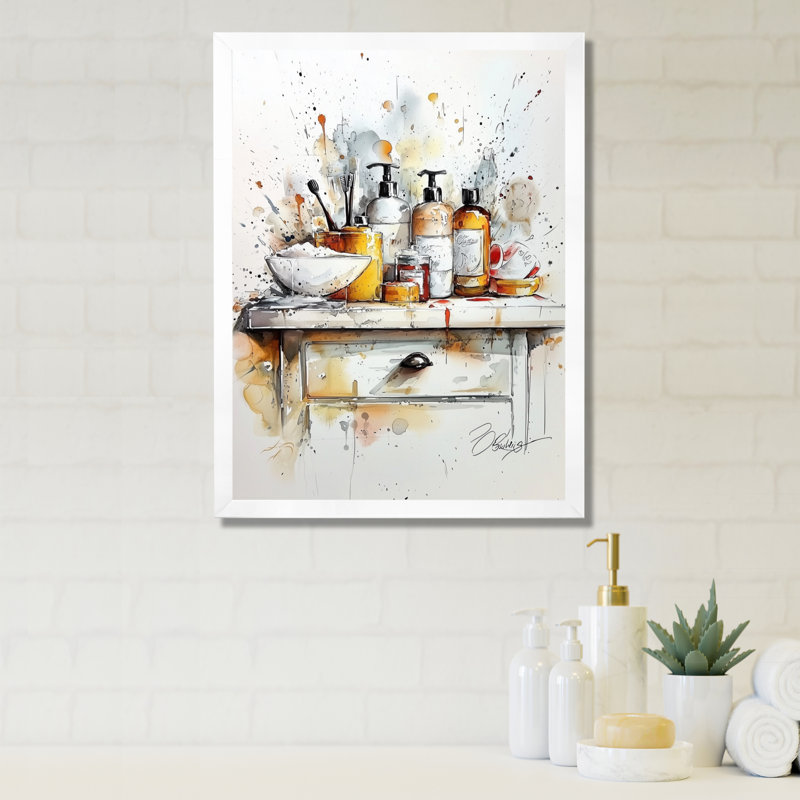 Gris et orange, salle de bain, articles de toilette, reproduction d'art mural, H 32 po x l 24 po, Blanc