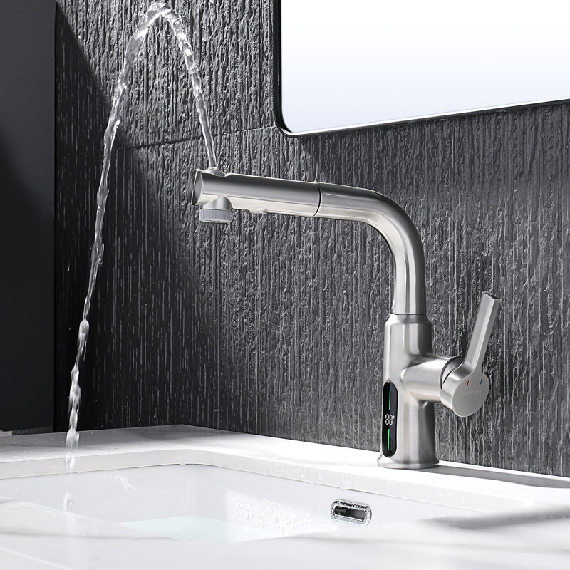 Lefton Single Hole Liftable Bathroom Faucet With Temperature Display In Fahrenheit, Pull-out Vanity Sink Faucet With 3 Water Modes For Bathroom And Laundry Room, BF2501