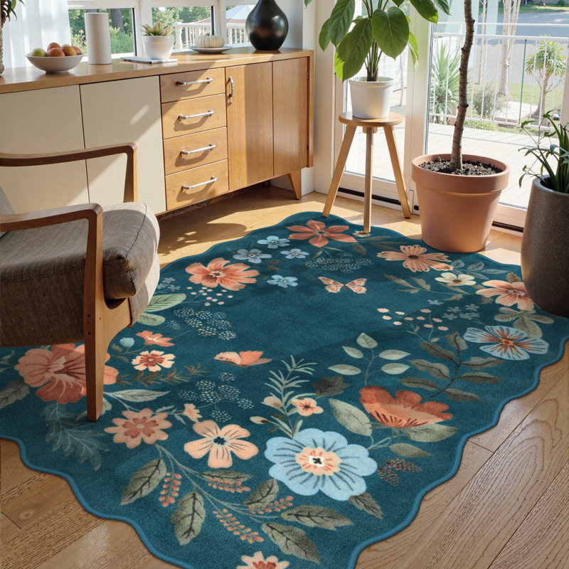 Floral Washable Rugs Non-Slip Soft Rugs for Living Room Bedroom Ultra-Thin Boho Accent Carpet, Rectangle 4' x 6'