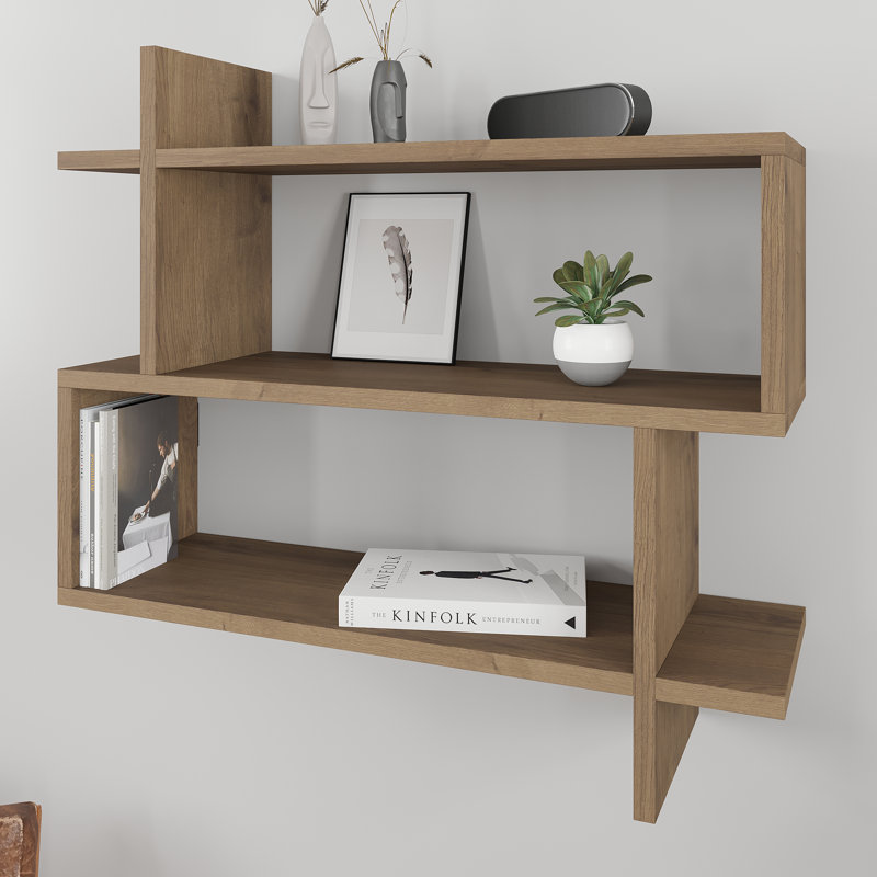 Argonaut Modern Wall-Mounted 2-Tier Floating Bookshelf, Dark Oak