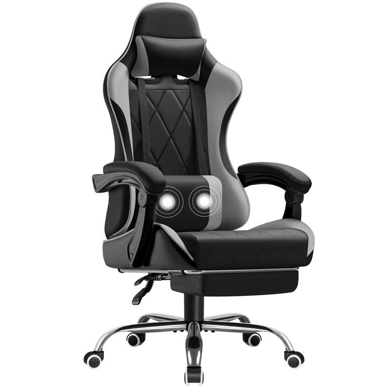 The Twillery Co.® Adjustable Reclining Ergonomic Faux Leather Swiveling PC & Racing Game Chair with Footrest, Gray