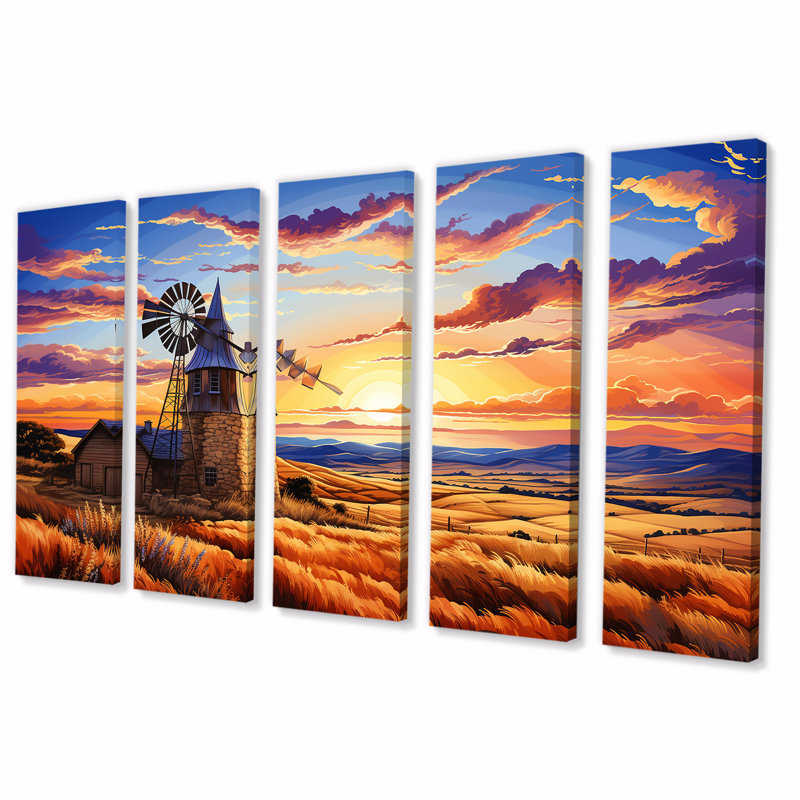 Windmill Evening Glow Meadows - Wind Turbines, art mural sur toile 5 pièces, H 28 po x l 60 po