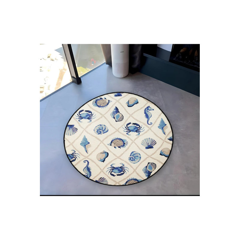 Tapis décoratif moderne tissé avec motif hippocampe et crabe, Rond 3 pi 4 po