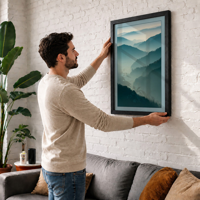 Mountains in Mist Scandinavian - Framed Print, Oak, A4 - 29.7 x 21.0 cm