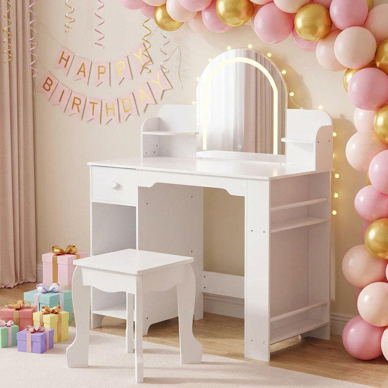Kids Vanity Desk with Mirror and Lights, Makeup Vanity Table with Stool, Bookshelf, Drawer & Open Shelves, Wooden Princess Dressing Table for Little Girls Bedroom or Playroom