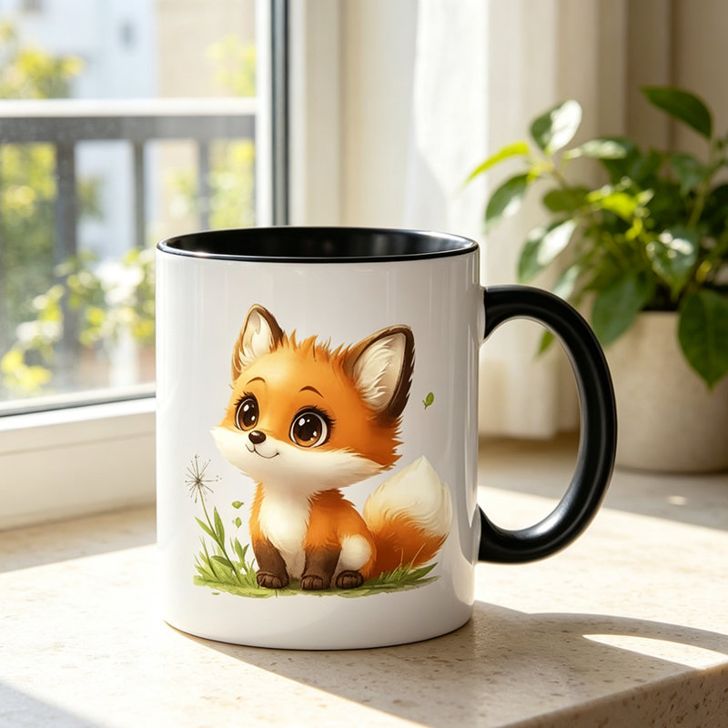 A Charming Ceramic Coffee Mug Featuring a Playful Orange Fox Surrounded by Green Leaves And Dandelions, Perfect for Halloween.