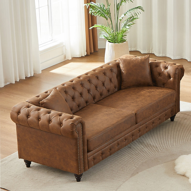 Base Chesterfield moderne avec tissu technique et accoudoirs roulés, Brun