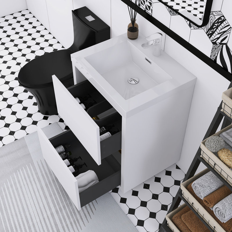 Meuble-lavabo autoportant brillant avec comptoir en résine de pierre et tiroirs à fermeture en douceur, Blanc, 24"
