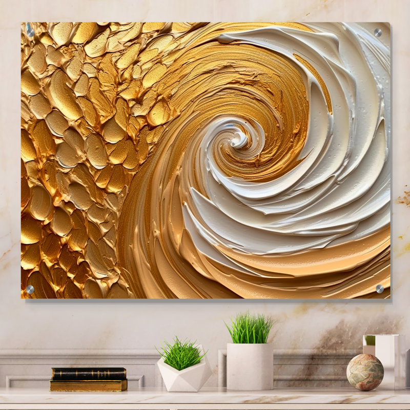 «Gold Eernal Swirl I», art mural abstrait en spirale en acrylique pour le salon, H 30 po x l 40 po