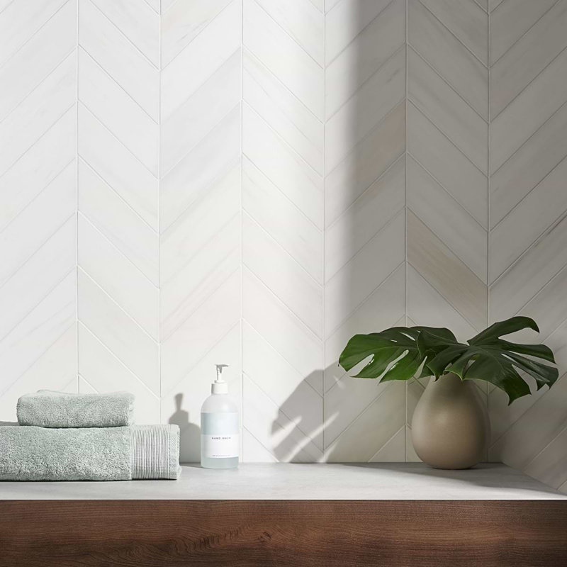 Bianco Dolomite 3x12 Chevron Honed Marble Tile