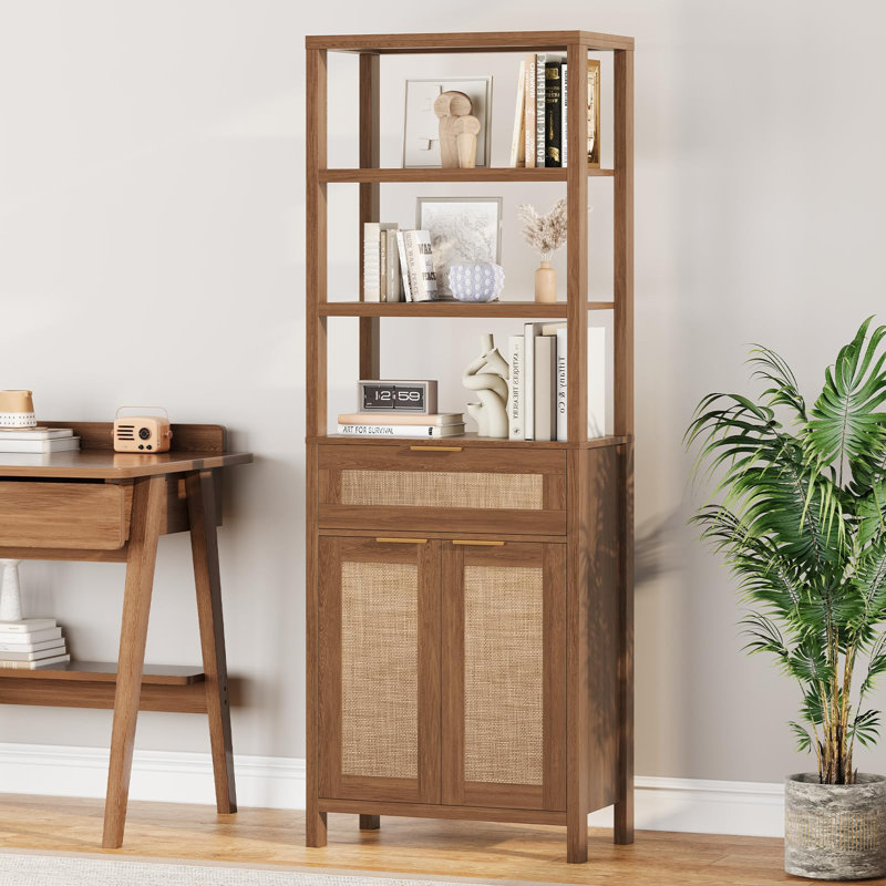 71" Rattan Bookshelf With Drawer And Doors