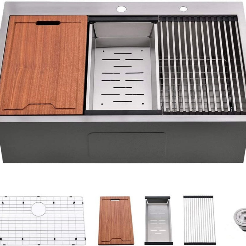 Workstation 33-Inch Drop-In 16 Gauge Kitchen Sink R10 Radius Stainless Steel Kitchen Sink Single Bowl With Intergrated Ledge & Accessories (Pack Of 5) -33"X22"X10"