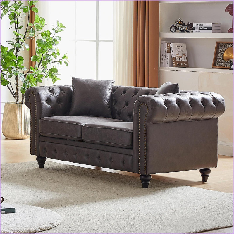 Canapés, canapé Chesterfield Tech 63,5 po en tissu contemporain capitonné, accoudoirs cloutés | Gris | Tissu, Gris
