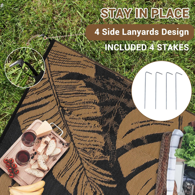 Outdoor Rug Large Plastic Straw Rug, Waterproof Woven Patio Rug, UV-Resistant Reversible Mat, Tropical Leaf Outside Carpet for Backyard, RV