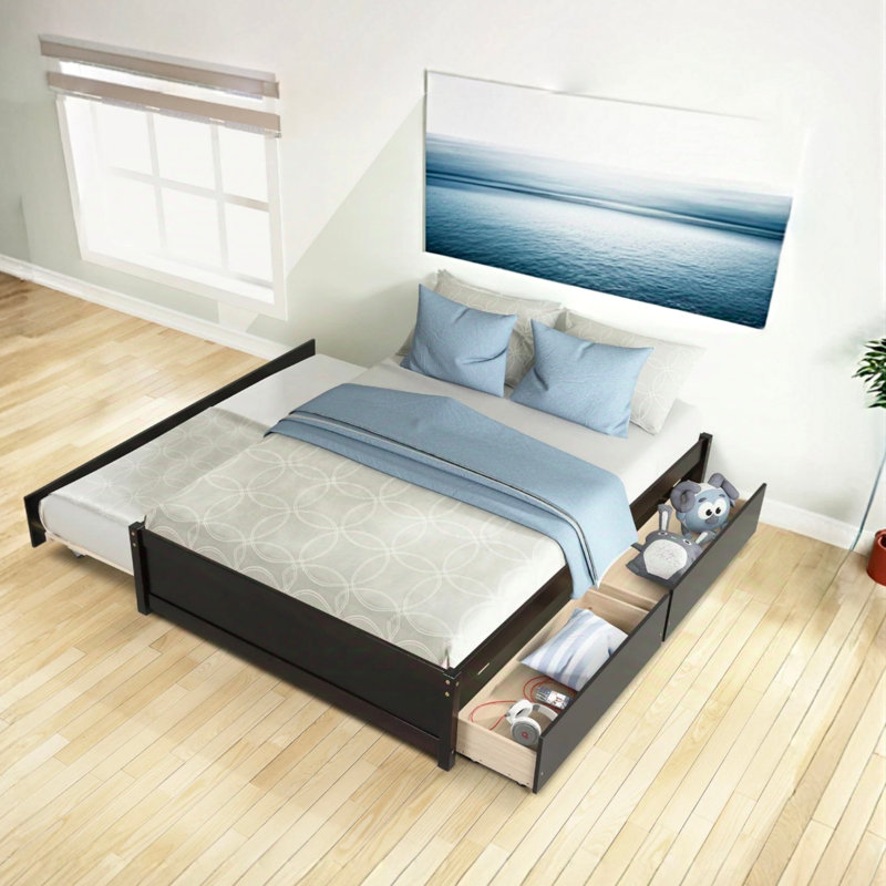 Lit plateforme double avec lit gigogne simple et 2 tiroirs, Espresso