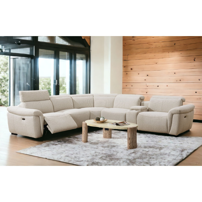 Canapé modulaire inclinable électrique Beige Boucle pour 5 personnes avec porte-gobelet et appui-tête réglable