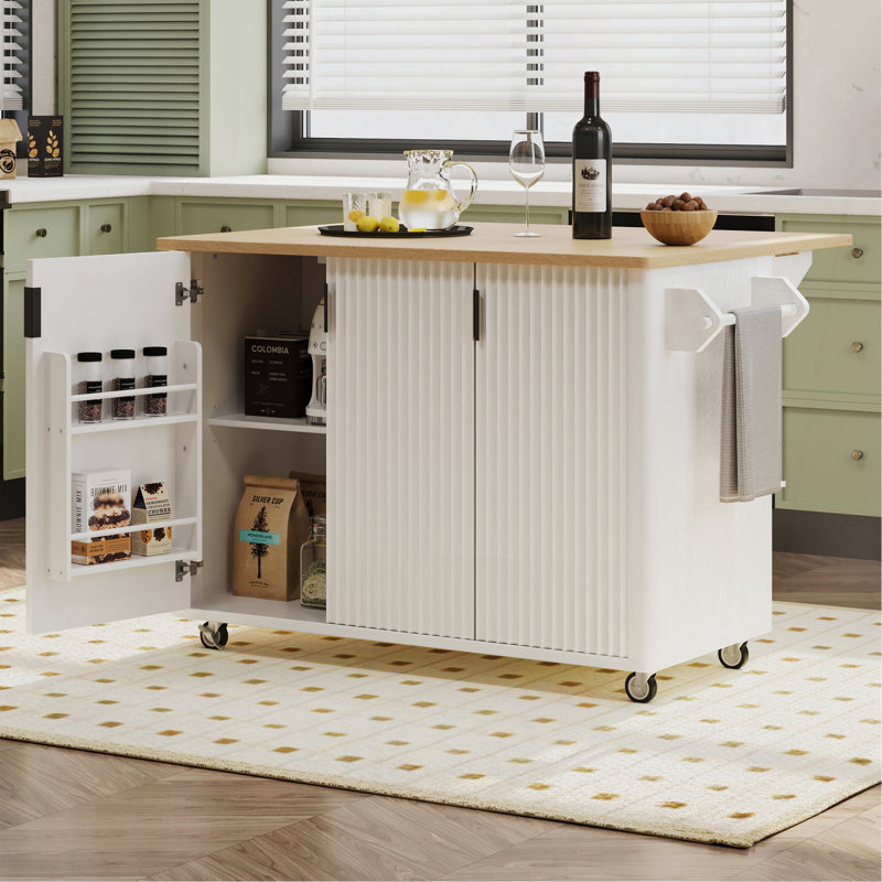 51" Fluted Kitchen Island With Drop Leaf, Farmhouse Accent Kitchen Island On Wheels With Internal Storage Rack, Rolling Kitchen Cart With Towel Rack For Kitchen, Dining Room