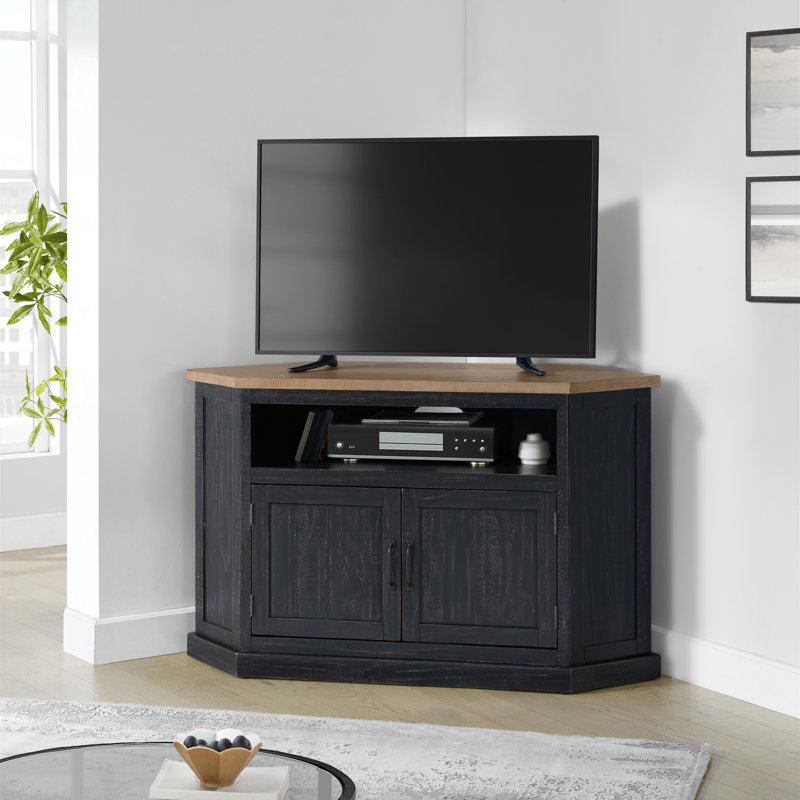 Kinsella 50" Solid Wood Corner TV Stand with Storage, Black/Driftwood Top